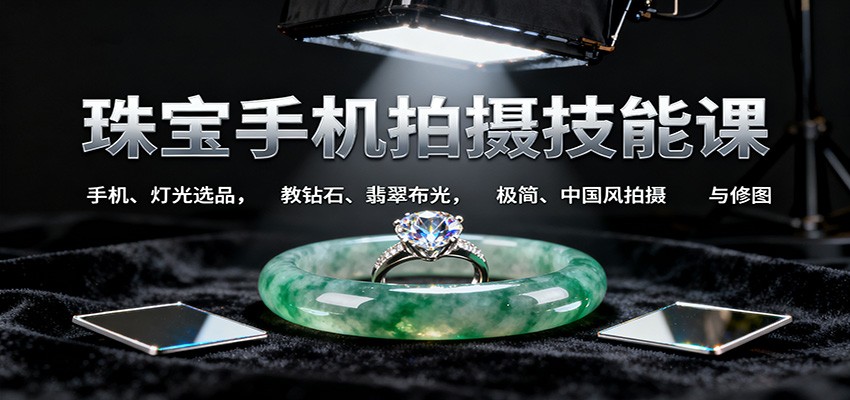 珠宝手机拍摄技能课:手机、 灯光选品,教钻石、翡翠布光,极简、中国风拍摄与修图-开心