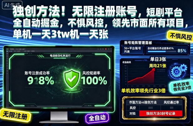 独创方法!无限注册账号,短剧平台全自动掘金,不惧风控,领先市面所有项目,单机一天3张【揭秘】-开心