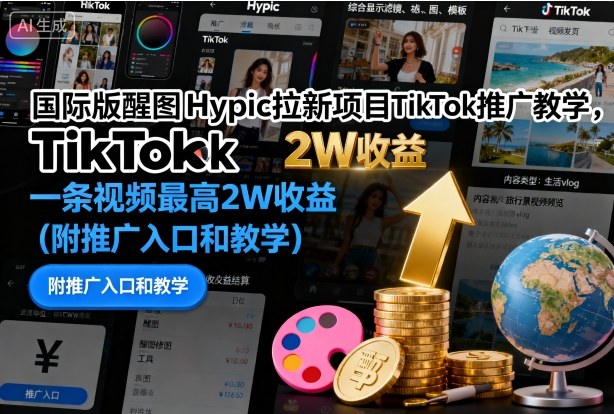 国际版醒图Hypic拉新项目TikTok推广教学,一条视频最高2W收益(附推广入口和教学)-开心