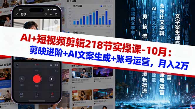 AI+短视频剪辑218节实操课-10月:剪映进阶+AI文案生成+账号运营,月入2万-开心