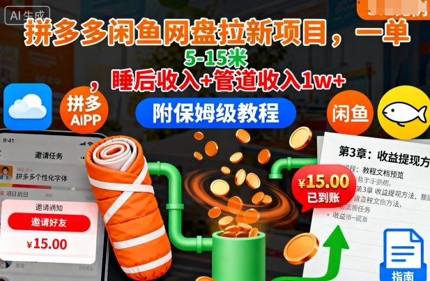 拼多多闲鱼网盘拉新项目,一单5-15米,睡后收入+管道收入1w+(附保姆级教程)-开心