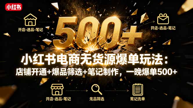 小红书电商无货源爆单玩法:店铺开通+爆品筛选+笔记制作,一晚爆单500+-开心