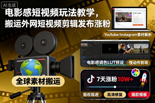 电影感短视频玩法教学,搬运外网短视频剪辑发布涨粉-开心